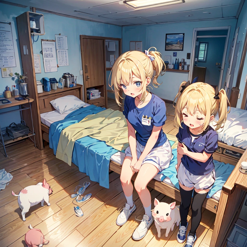 Masterpiece, highest quality, high resolution background, bright and beautiful atmosphere, 3 girls (2 years old, (1 short-tempered round face), (1 child)) (hair, surface effects), color effects), small breasts, blonde hair , Gym clothes and short bloomers, nurse's room, girl with jacket tucked up to undergo medical examination, excited mini pig, mini pigs sleeping on bed in nurse's room, "deltamon_sdXL :0.73) >Deltamon makes an immediate decision.