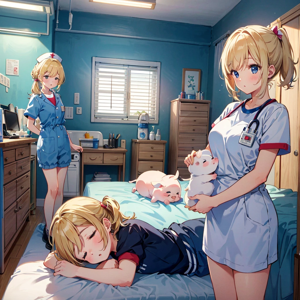 Masterpiece, highest quality, high resolution background, bright and beautiful atmosphere, 3 girls (2 , (1 short-tempered round face), (1 child)) ( surface effects), color effects), small breasts, blonde hair , Gym clothes and short bloomers, nurse's room, girl with jacket tucked up to undergo medical examination, excited mini pig, mini pigs sleeping on bed in nurse's room, "deltamon_sdXL :0.73) >Deltamon makes an immediate decision.