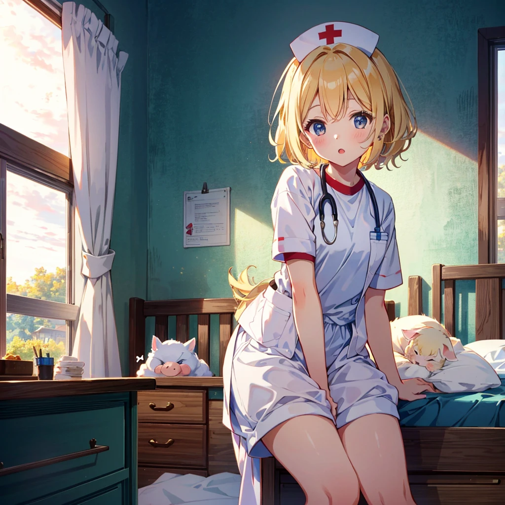 masterpiece、highest quality、masterpiece、beautiful lighting, 1 girl, alone, MEMcho, soft four， nurse uniform, ((anime style))、((2D))、laughter、open your mouth、thighs、Horn Headband、My Favorites 、bob cut、bob hair、blue eyes、blonde、nurse cosplay、白いnurse uniform、short horns、sit on the bed