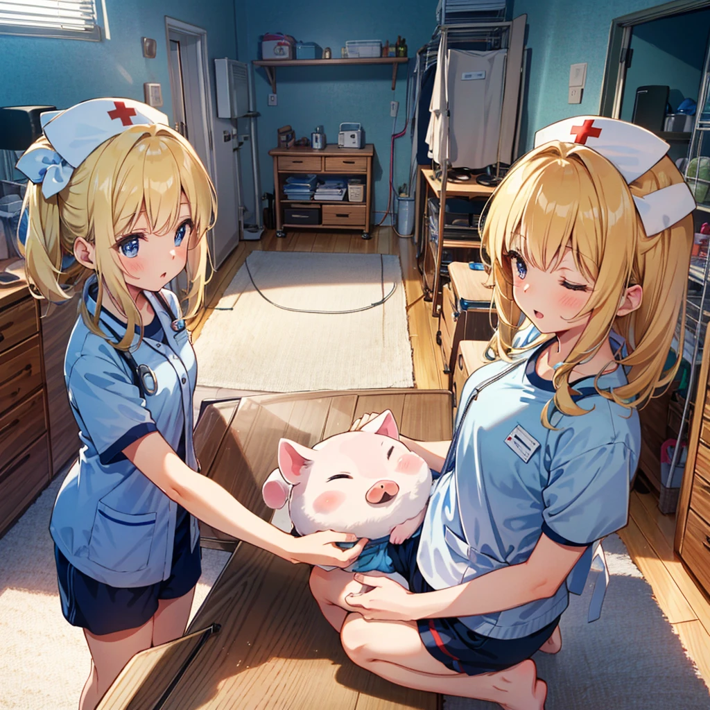 Masterpiece, highest quality, high resolution background, bright and beautiful atmosphere, 3 girls (2 years old, (1 short-tempered round face), (1 child)) (hair, surface effects), color effects), small breasts, blonde hair , Gym clothes and short bloomers, nurse's room, girl with jacket tucked up to undergo medical examination, excited mini pig, mini pigs sleeping on bed in nurse's room, "deltamon_sdXL :0.73) >Deltamon makes an immediate decision.