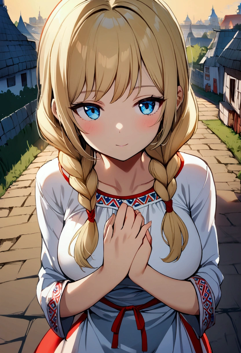 1 girl with long blonde hair, hair braided into two braids, Blue eyes, A curious face, medium breasts, white Slavic dress, holds his hands to his chest, Slavic village in the background,