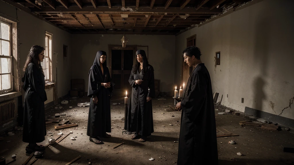 three different friends, inside the black magic ritual in the big abandoned house, with people in black robes, blood candles, voodoo, dark magic