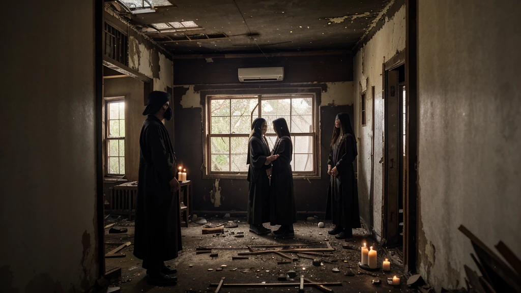 Three different race friends inside an abandoned house, with people in black robes, candles, voodoo, dark magic