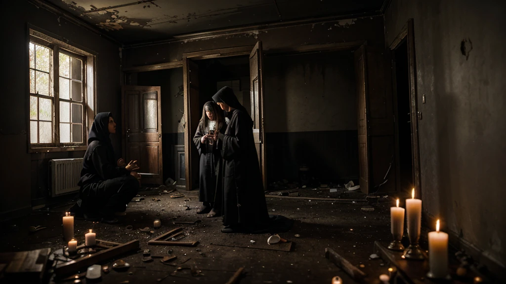 Three different race friends inside an abandoned house, with people in black robes, candles, voodoo, dark magic