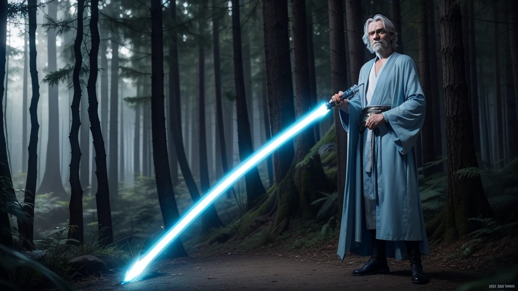 Rax Valoren "A seasoned Jedi Master with silver hair and a long, flowing robe stands in a tranquil forest, holding a glowing blue lightsaber. His calm and wise expression reflects his deep connection to the Force."