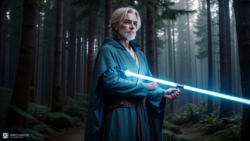 Rax Valoren "A seasoned Jedi Master with silver hair and a long, flowing robe stands in a tranquil forest, holding a glowing blue lightsaber. His calm and wise expression reflects his deep connection to the Force."
