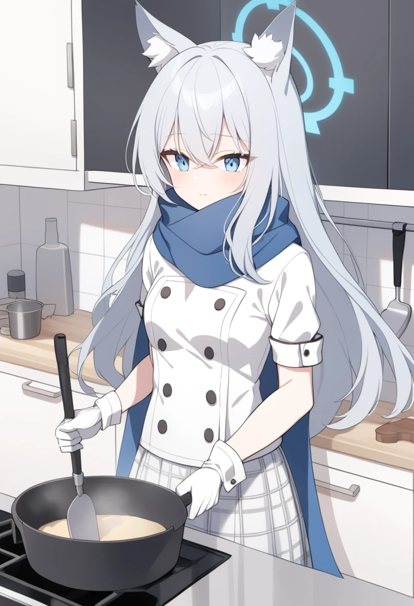 girl，Silver long hair, blue eyes, Put on a chef,Wearing a black mask，A sky blue scarf, White gloves, and white plaid skirt, In the kitchen，blue halo，The boss has，Gray wolf ears，get a shovel，Holding the pot