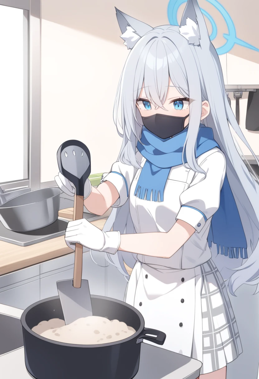 girl，Silver long hair, blue eyes, Put on a chef,Wearing a black mask，A sky blue scarf, White gloves, and white plaid skirt, In the kitchen，blue halo，The boss has，Gray wolf ears，get a shovel，Holding the pot