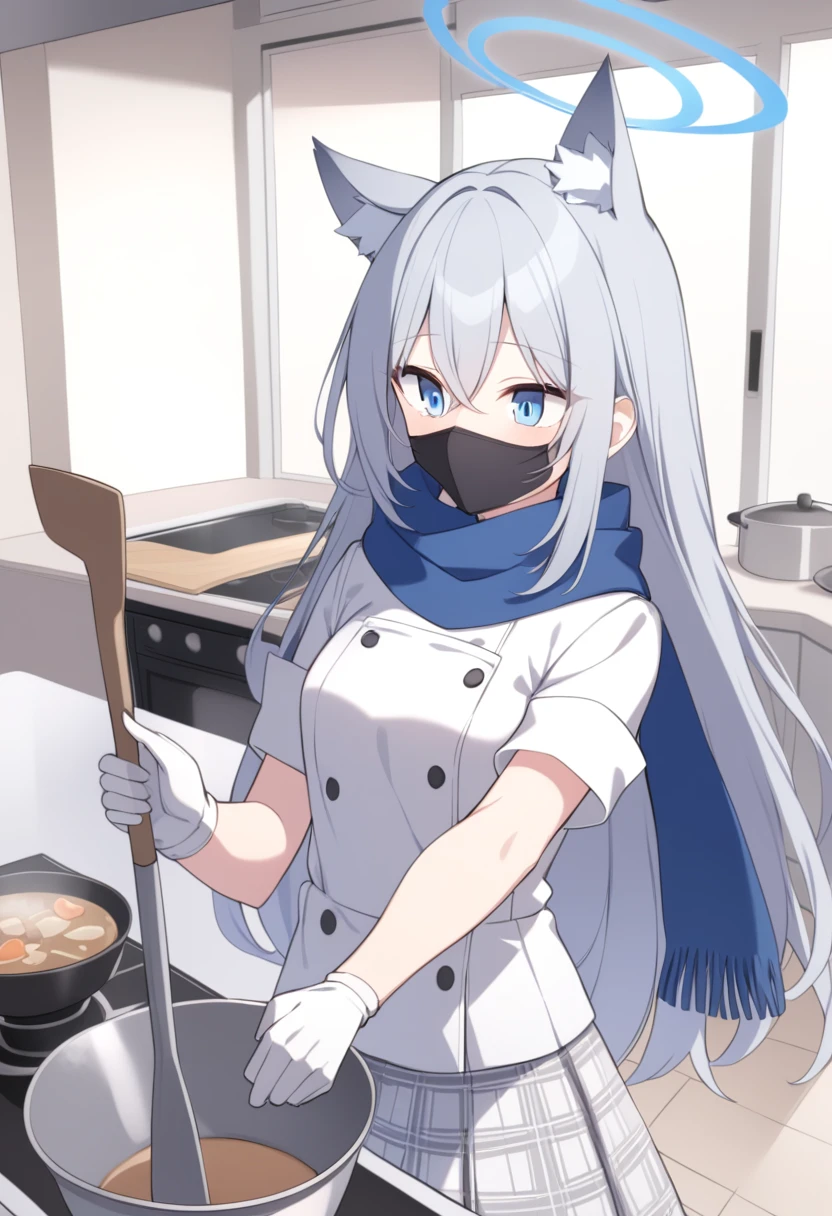 girl,Silver long hair, blue eyes, Put on a chef,Wearing a black mask,A sky blue scarf, White gloves, and white plaid skirt, In the kitchen,blue halo,The boss has,Gray wolf ears,get a shovel,Holding the pot