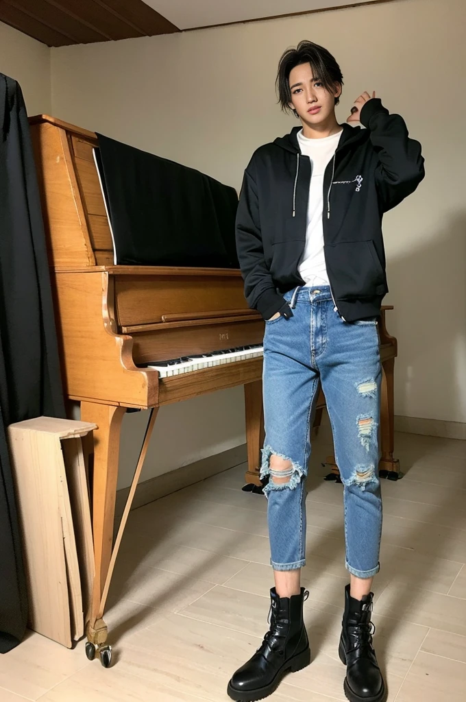playing piano,Um garoto coreano , wearing ripped jeans, Torn pants, (Jeans rasgada) (Torn pants), posing for photo shoot , corpo inteiro, fundo liso, jungkook, jungkook taeyang Jimim 1 boy, 1 homem, homem masculino coreano, homem masculino sozinho coreano sozinho, solo, sozinho
