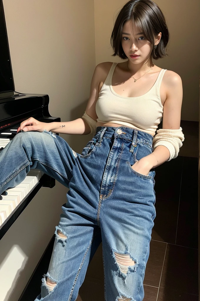 playing piano,Um garoto coreano , wearing ripped jeans, Torn pants, (Jeans rasgada) (Torn pants), posing for photo shoot , corpo inteiro, fundo liso, jungkook, jungkook taeyang Jimim 1 boy, 1 homem, homem masculino coreano, homem masculino sozinho coreano sozinho, solo, sozinho