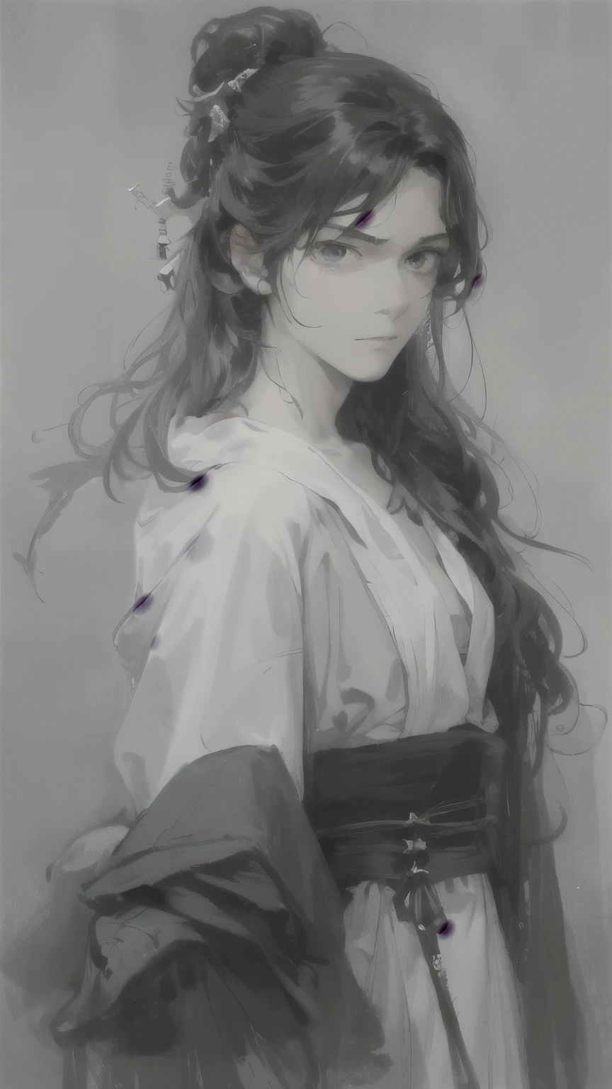 A closeup of a young man (adolescent), curly blue-black hair that reaches past her shoulders, dark blue slanted eyes, serious and expressionless look. It has a light blue and dark blue coating on the tips of this. He has cute features, very similar to Giyu Tomioka.