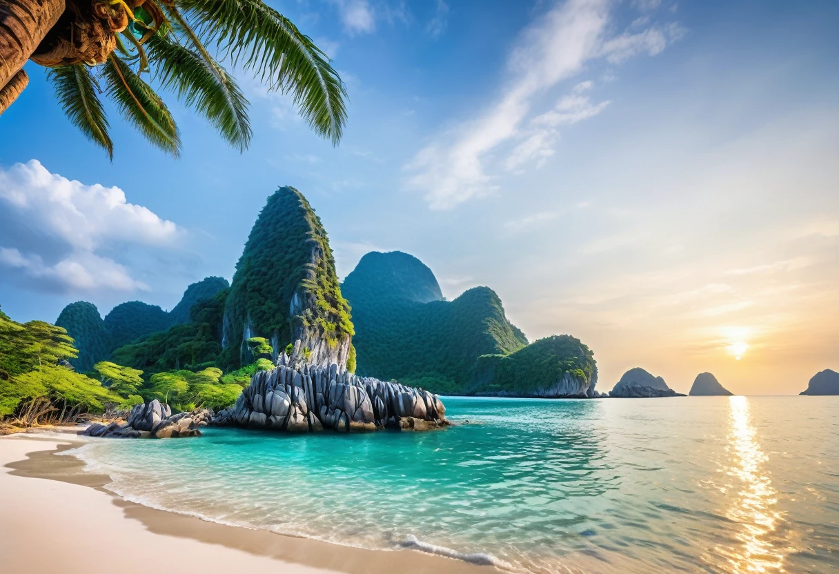 (Remote Islands), Remote Island, Beautiful Mysterious Island Beach。White sand beach with clear blue sea、Palm trees and exotic flowers add color。A magnificent rocky mountain stands tall across the sea.、The light of the setting sun reflecting off the surface of the sea creates a fantastic sight.。Ancient stone statues line the beach、A sense of the island&#39;s history and mystery。