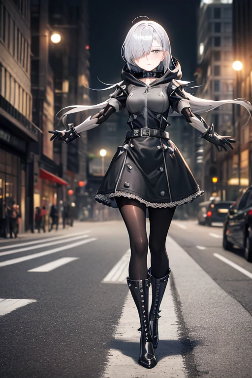 ((best quality)), ((masterpiece)), (detailed), 1 girl, Full body, 18 years old, Depressed face, Silver eyes, Arms outstretched, Arms behind waist, Metal covering her eyes, Gray zippered hood, Blushing, Silver hair, Straight hair, Bangs, Lock of hair covering her eye, Full body, Medium breasts, Slim body, Metal spikes, Grey wristbands, Long black gloves with spikes, Grey Gothic lolita dress, Grey dress with metal spikes, Metal emblem, Somewhat tight, Black belt, Metal legs, Black pantyhose, Black boots, Walking through the city, Metal coming out of the road, City background, Anime