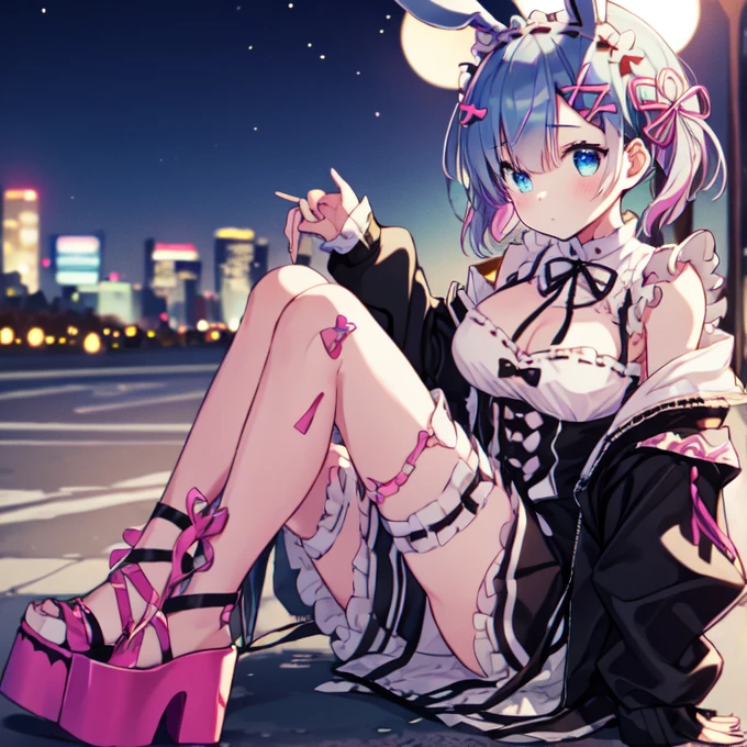 "A single girl with a decora street fashion-inspired look, rocking a crazy harajuku style. She wears legwarmers and big platform shoes, and has her hair styled in adorable pigtails. The scene is set at nighttime, hairpins, accesories, bunny ears with pattern inside, striped "