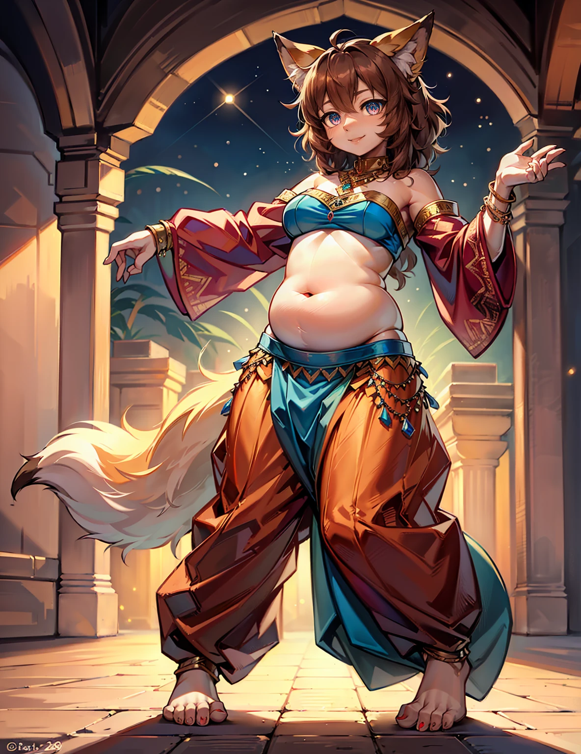 (best quality, ultra-high resolution, depth of field:1.2), (full body shot:1.2), (perfect body:1.2), (medium breasts:1.2), (swollen belly:1.2), beautiful face, (28 years old), (fox woman), radiant eyes, (red eyes:1.2), (beautiful smile), (brown hair), animal ears, (fluffy fox ears), (fluffy fox tail), (strapless top:1.2), (long sleeves:1.2), (wearing a baggy harem belly dance pants:1.2), (bare feet:1.2), (full of jewelry:1.2), night time, (multiple points of views), (standing pose:1.2)