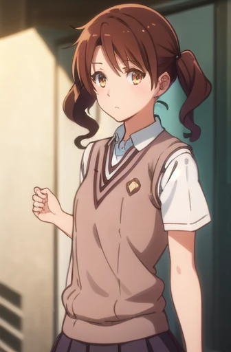 kumikooumae, kumiko oumae, (brown eyes:1.5), brown hair, short hair, wavy hair,
BREAK  armband, black skirt, collared shirt, dress shirt, pleated skirt, safety pin, , shirt, short sleeves, skirt, summer uniform, sweater vest, tokiwadai , twintails, white shirt, (brown sweater vest:1.5), ((tokiwadai school uniform))
BREAK indoors, classroom,
BREAK looking at viewer, (cowboy shot:1.5),
BREAK (masterpiece:1.2), best quality, high resolution, unity 8k wallpaper, (illustration:0.8), (beautiful detailed eyes:1.6), extremely detailed face, perfect lighting, extremely detailed CG, (perfect hands, perfect anatomy),