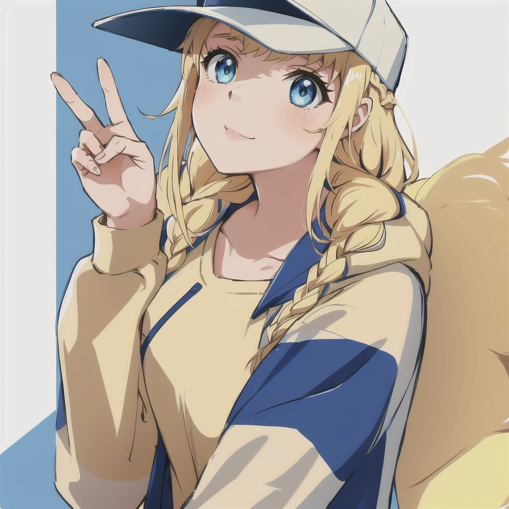 Eiko Tsukimi, blue eyes, braid, twin braid,(((blonde hair))),(baseball cap)