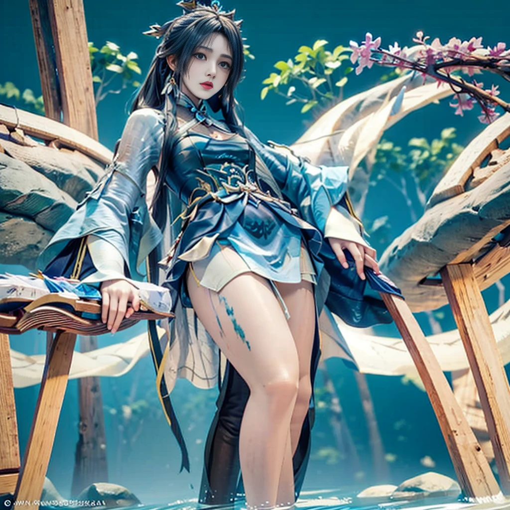 The painting depicts a woman in a uncovered part of her butt small blue dress standing in a pool of water, Beautiful character painting, ((Beautiful fantasy queen)), bovo art style, closeup fantasy with water magic, Artwork in the style of Guweiz, Inspired by Chen Yifei, Ethereal Beauty, Beautiful fantasy queen, Inspired by Zhang Yan, palace ， girl wearing translucently small hanfu