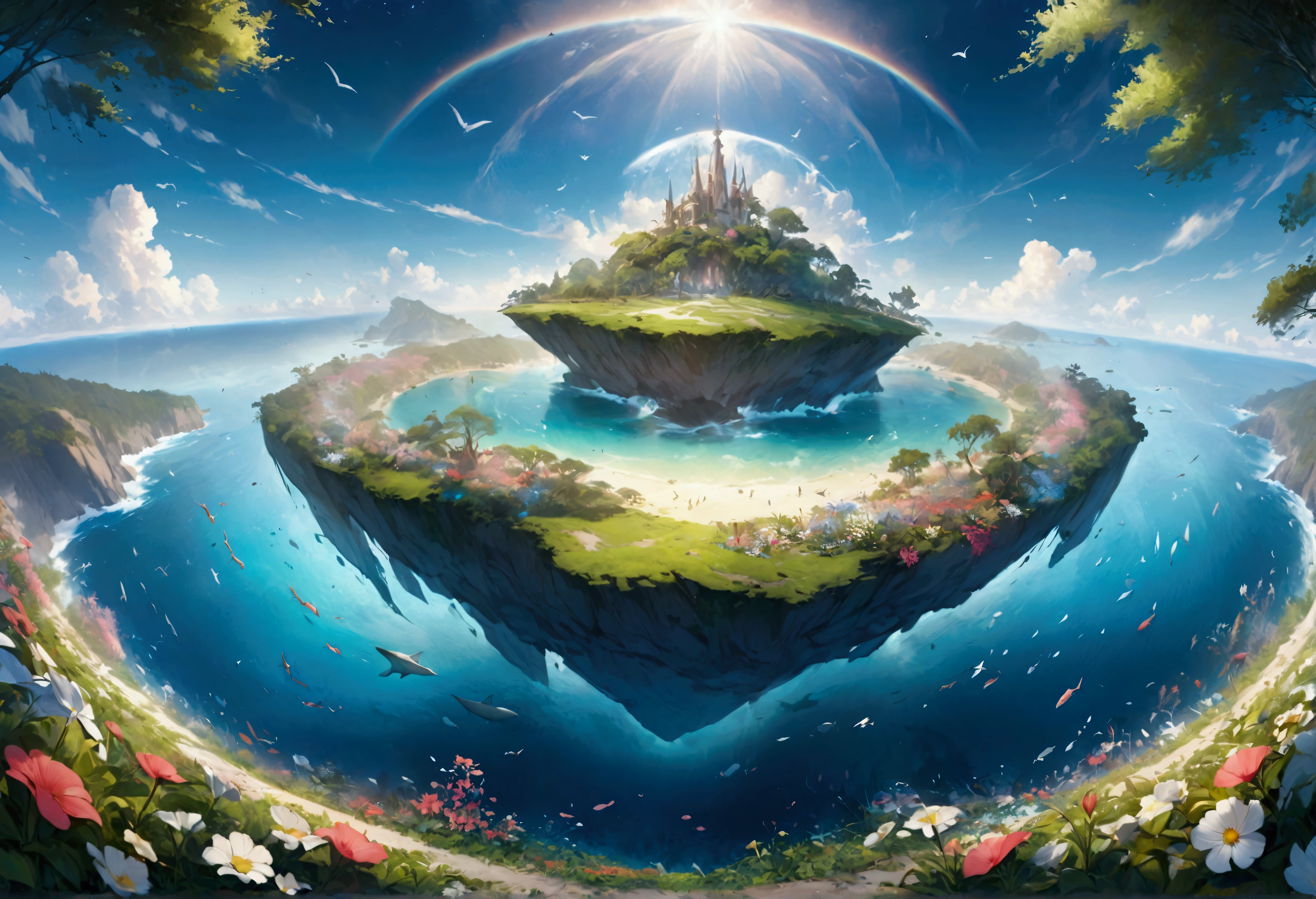 Mysterious Island, The fairy queen stands on a large flower, A hundred fairies are flying over the flower garden behind her, In the further distance, we see a forest with various trees in bloom. To the left and right of the forest is the ocean., Ultra-Wide Angle, panorama, wide shot, atmospheric perspective, masterpiece, accurate, textured skin, high details, high quality, best quality, photo, photorealistic,