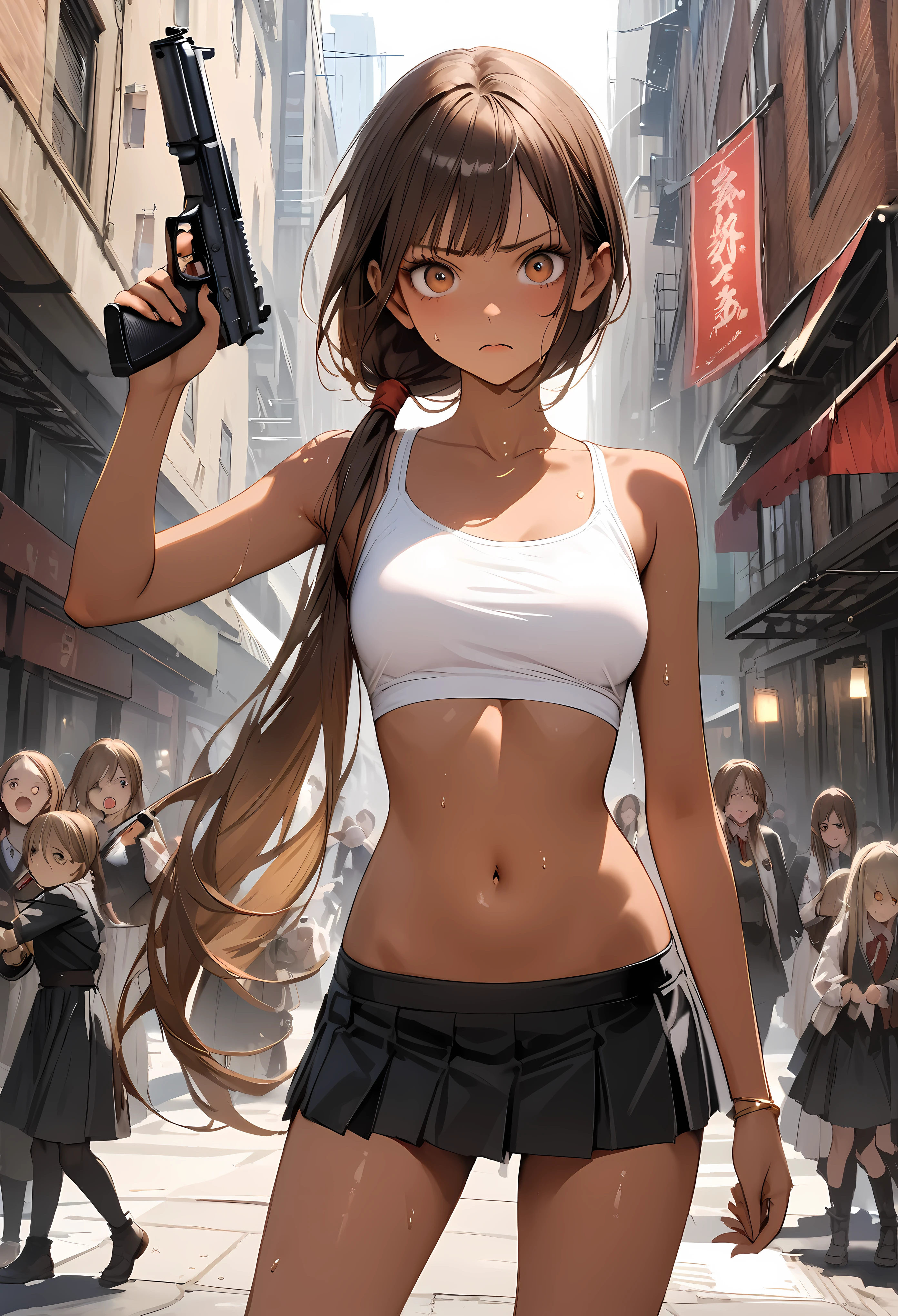 Dynamic gun action scenes、Woman shooting down zombieasterpiece,Highest quality:1.3,best quality illustration)),(realistic),cowboy shot,solo,1woman,25 year old beauty,brown hair,(low ponytail hair),long hair,bangs,brown eyes,(gorgeous big eyes),((very small head:1.3)),Serious expression,((very long body:1.2,skinny)),((tan skin:1.4)),medium breasts,White tube top shirt、navel,Black pleated mini skirt,((Hold a gun、Shoot a gun:1.3)),gleaming skin,slender body,sweat,run、(Multiple zombies roaming around)、on street,New York City、Resident Evil World、