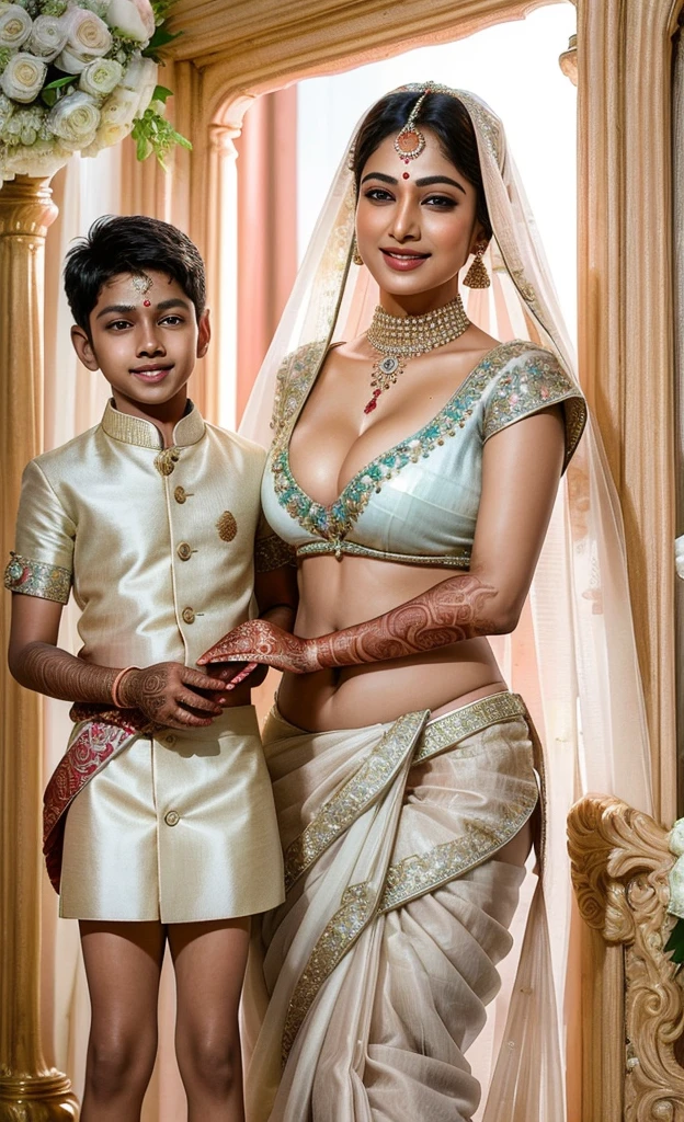 (( Fair skinned Indian Mother and son getting married picture:1.5)), Ultra detailed photo of a ultra sexual incredibly gorgeous Indian 32 year old sexy angelic supermodel mother bride, ((ultra sexy bridal miniskirt saree:1.5)), mystical lights, backlit, ((very detailed faces)), focus on face, (very deep cleavage:1.5), ink lines, dynamic, modern, awe inspiring, whimsical, complex, dreamlike, magical, visually stunning, high contrast, soft colors, high quality fingers, normal hands, detailed fingers, Absurd resolution, ((high resolution:1.5)), (masterpiece: 1.4), super detailed, (((detailed face, detailed expression)), (realistic, photo-realistic:1.37), (full body:1.5), (masterpiece), best quality, ultra beautiful woman, slender legs, sexy slender legs, thin waist, blonde hair, bright blue eyes, cute round ass, with a fun quirky smile, unbuttoned blouse, view from the front