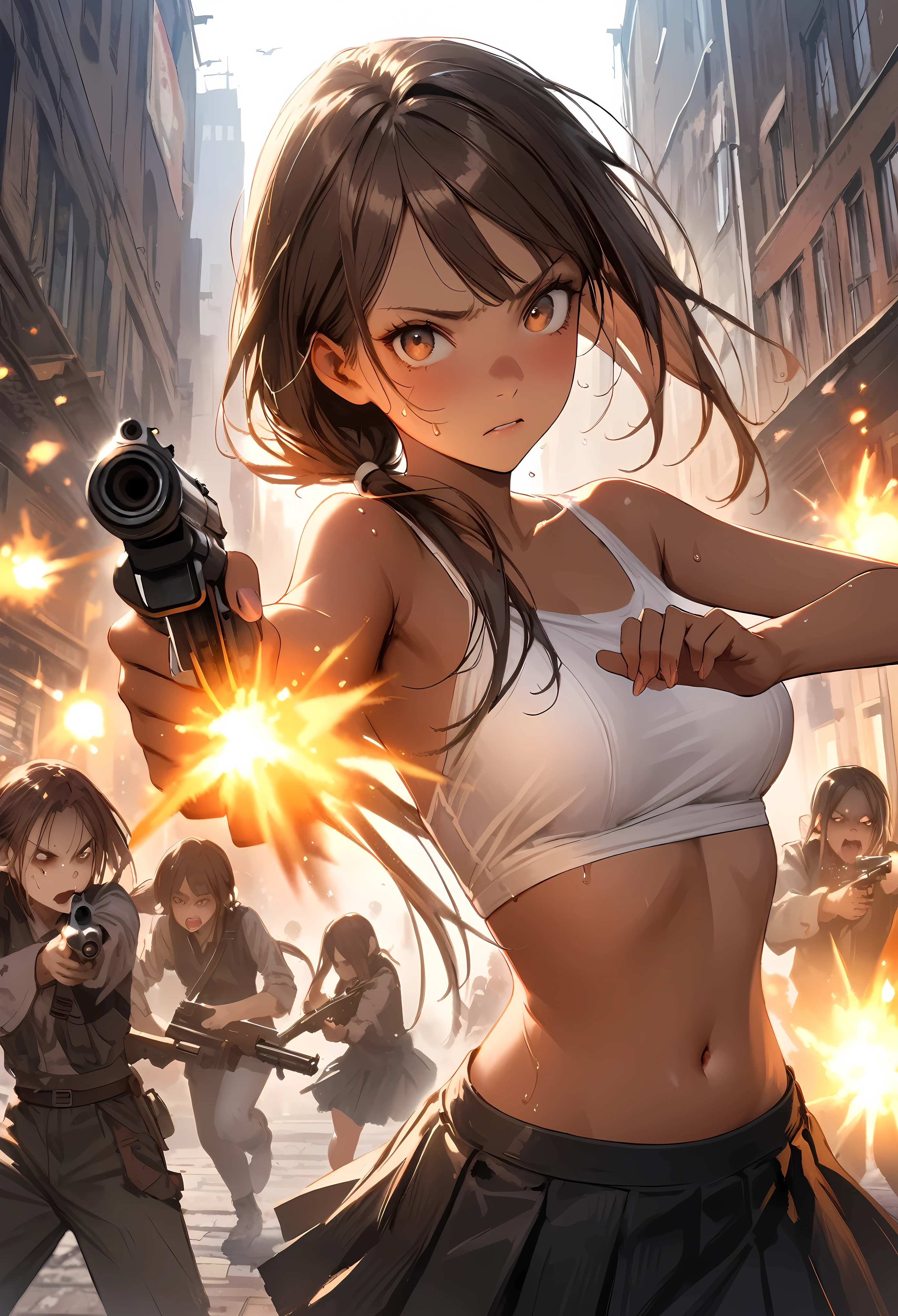 Dynamic gun action scenes、Woman fighting zombieasterpiece,Highest quality:1.3,best quality illustration)),(realistic),cowboy shot,solo,1woman,25 year old beauty,brown hair,(low ponytail hair),long hair,bangs,brown eyes,(gorgeous big eyes),((very small head:1.3)),Serious expression,((very long body:1.2,skinny)),((tan skin:1.4)),medium breasts,White tube top shirt、navel,Black pleated mini skirt,((Firing stance、Shoot a gun:1.3)),gleaming skin,slender body,sweat,run、(Multiple zombies roaming around)、on street,New York City、Resident Evil World、