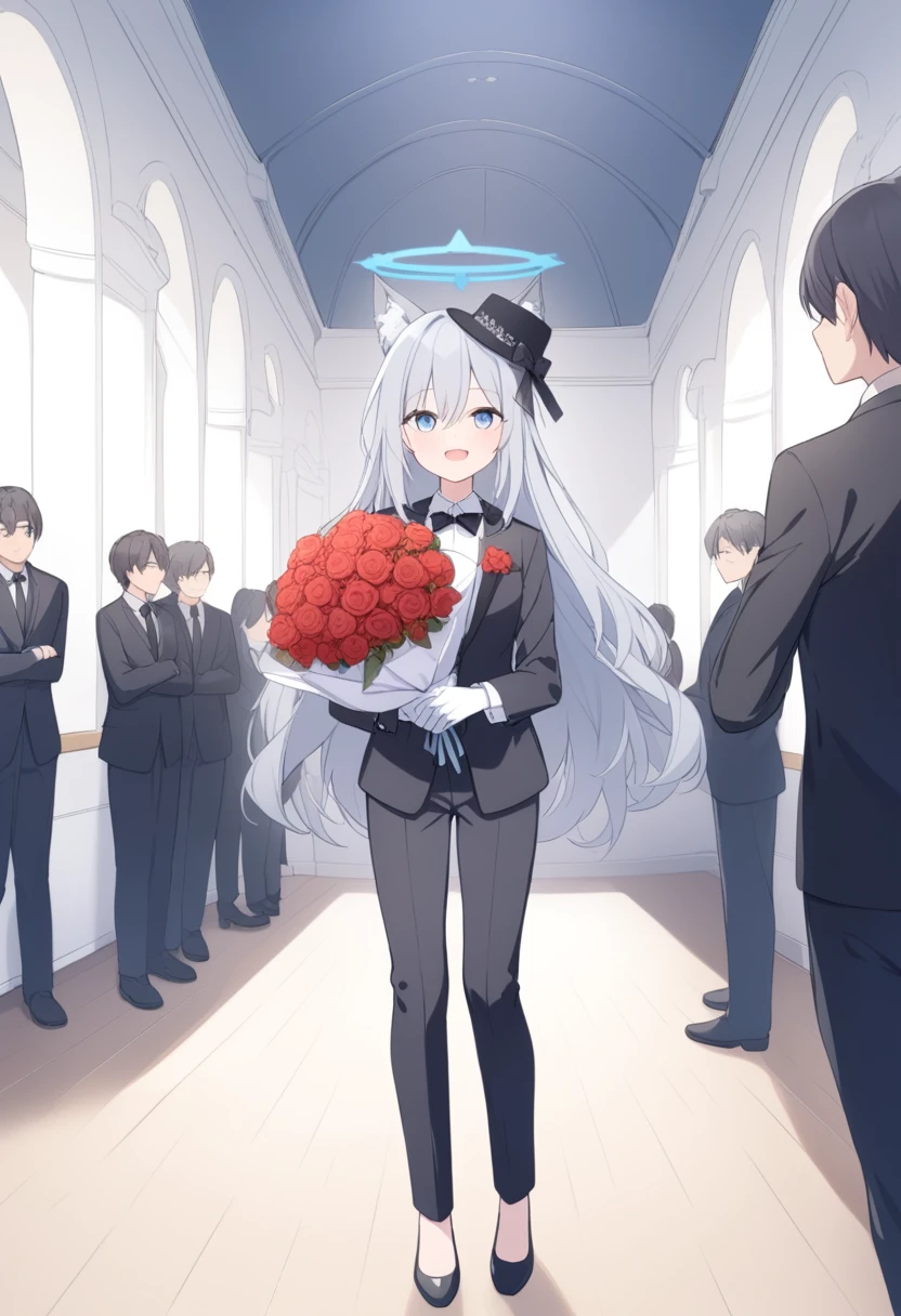 girl，Silver long hair, blue eyes, Wear a black suit,Black Hat，With black bow, White gloves, and black pants, In the wedding hall，blue halo，Gray wolf ears，Happy expression，Holding a bouquet of red flowers，Black leather shoes，Solitary