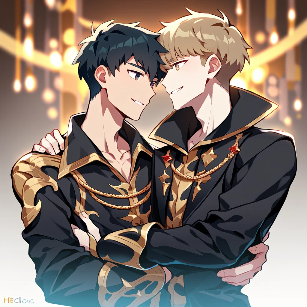2 young men, focus man , Yaoi, pair,smile, (human, short hair, black hair, black eyes,He wore a black robe with some gold embroidery. ), ( loongs, human, Brown blonde hair, short hair, light brown eyes ,wear knight costume) , Fantasy, The best aesthetics , best quality, Amazing quality, The best aesthetics