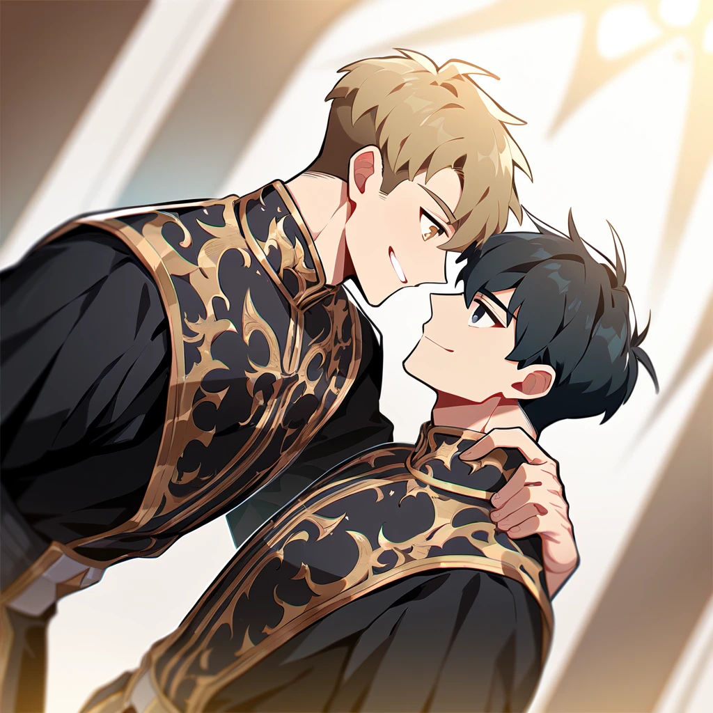 2 young men, focus man , Yaoi, pair,smile, (human, short hair, black hair, black eyes,He wore a black robe with some gold embroidery. ), ( loongs, human, Brown blonde hair, short hair, light brown eyes ,wear knight costume) , Fantasy, The best aesthetics , best quality, Amazing quality, The best aesthetics