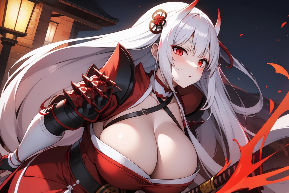 1girl, white hairs, red eyes, white-red  kimono, long hair, katana, massive breasts, mature, Oni, armored skirt, lake, night, red fabric around neck