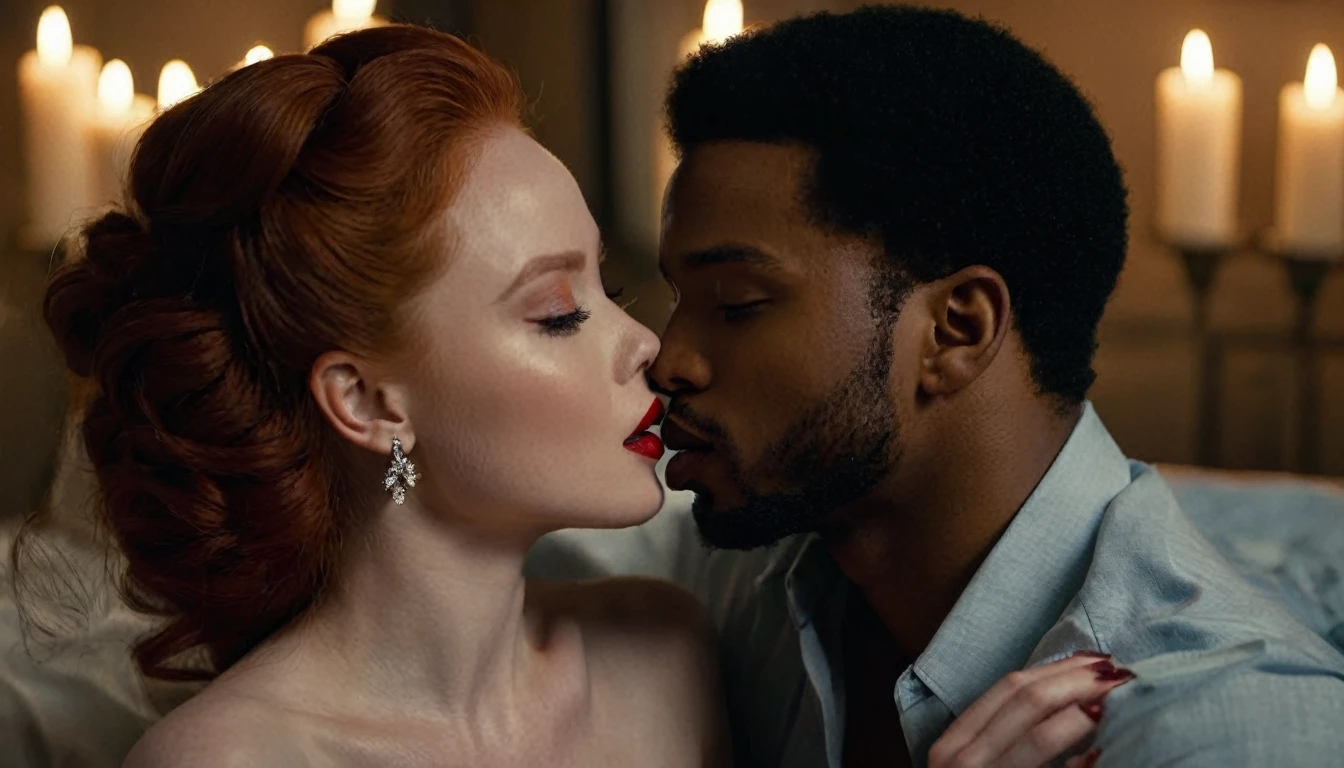 Madelaine Petsch and a handsome African American male whose facial features are a combo of Rege-Jean Page + Kelvin Harrison, Jr. + Nathan Mitchell share a steamy kiss inside a bedroom lit only by candlelight. Madelaine has lovely makeup on her face. Madelaine wears red lipstick. Nighttime. Romantic ambiance. Symmetrical eyes. Symmetrical faces. Lovely details. Photorealistic. Full-colored photo. Professional photo. Highly detailed 8K.