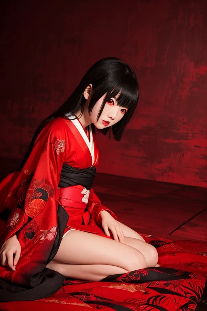 Low - Angle、Highest quality,Very beautiful Japanese monster girl in red kimono、Spread your legs and show your vagina、((((Dark night fog、red background))))