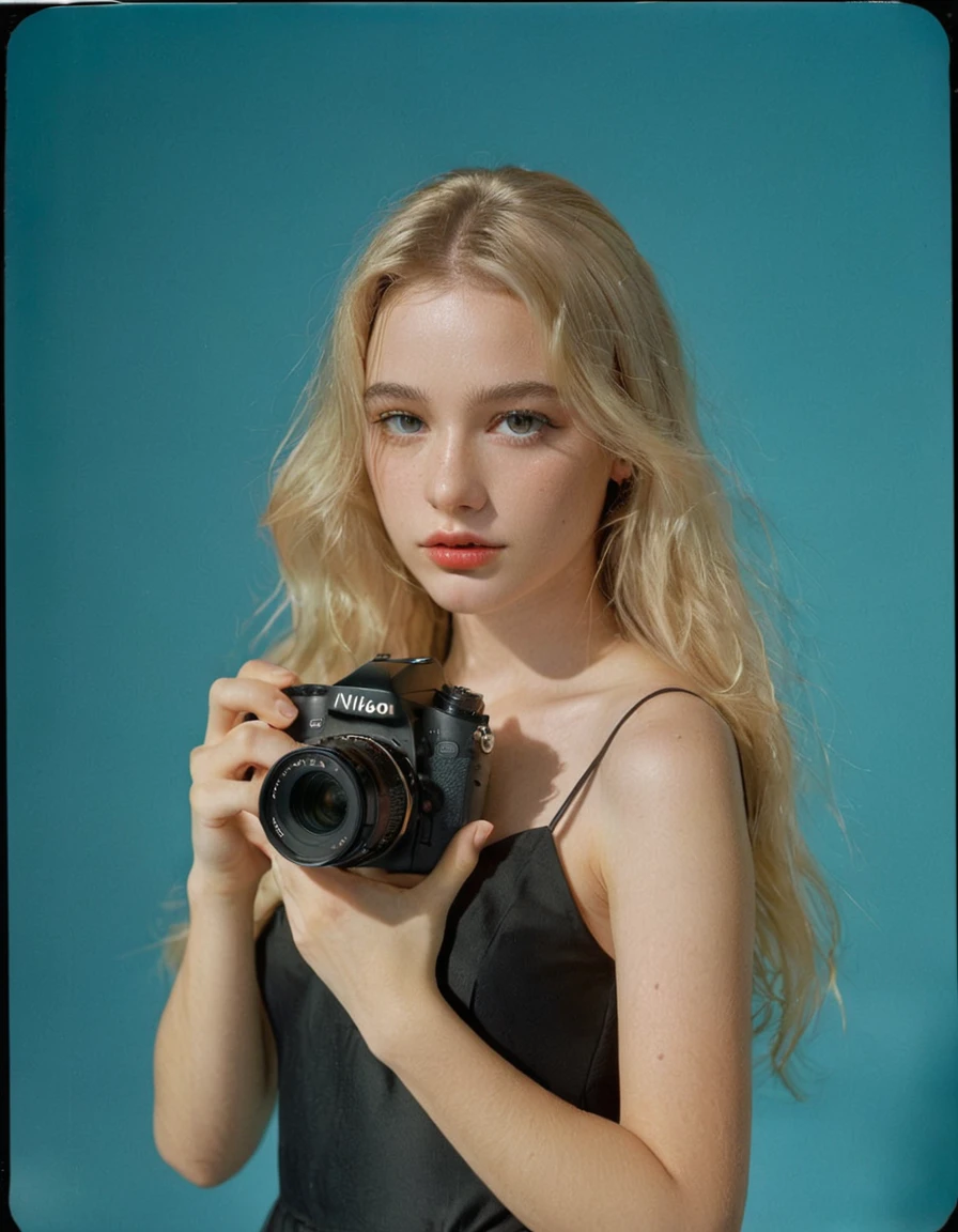 photoshoot, photo studio, RAW photo, editorial photograph, film stock photograph, cinematic, posing, amateur photo, full body portrait, analog, raw, f2, 35mm, an (amateur photo), flash photography, taken on an old camera, polaroid, 8k, highly detailed, (high quality, best quality:1.3), Extremely high-resolution, film grain, very long hair, picture of a beautiful young woman, NOT dasha_taran, sfw, ((natural blonde hair)), long (waist-length:1.2) straight blonde hair, ((macro lens)), natural, ((focused on body)), blue eyes, black dress, solid pupils, realistic eyes in maximum detail, feminine expressions, photography, dslr, 35mm, Fujifilm Superia Premium 400, Nikon D850 film stock photograph, Kodak Portra 400 f1.6 lens, 8k, UHD, realistic skin, well cared skin, skin pores, closed mouth, fine small lips, facial symmetry, perfectly detailed face, perfectly visible full body