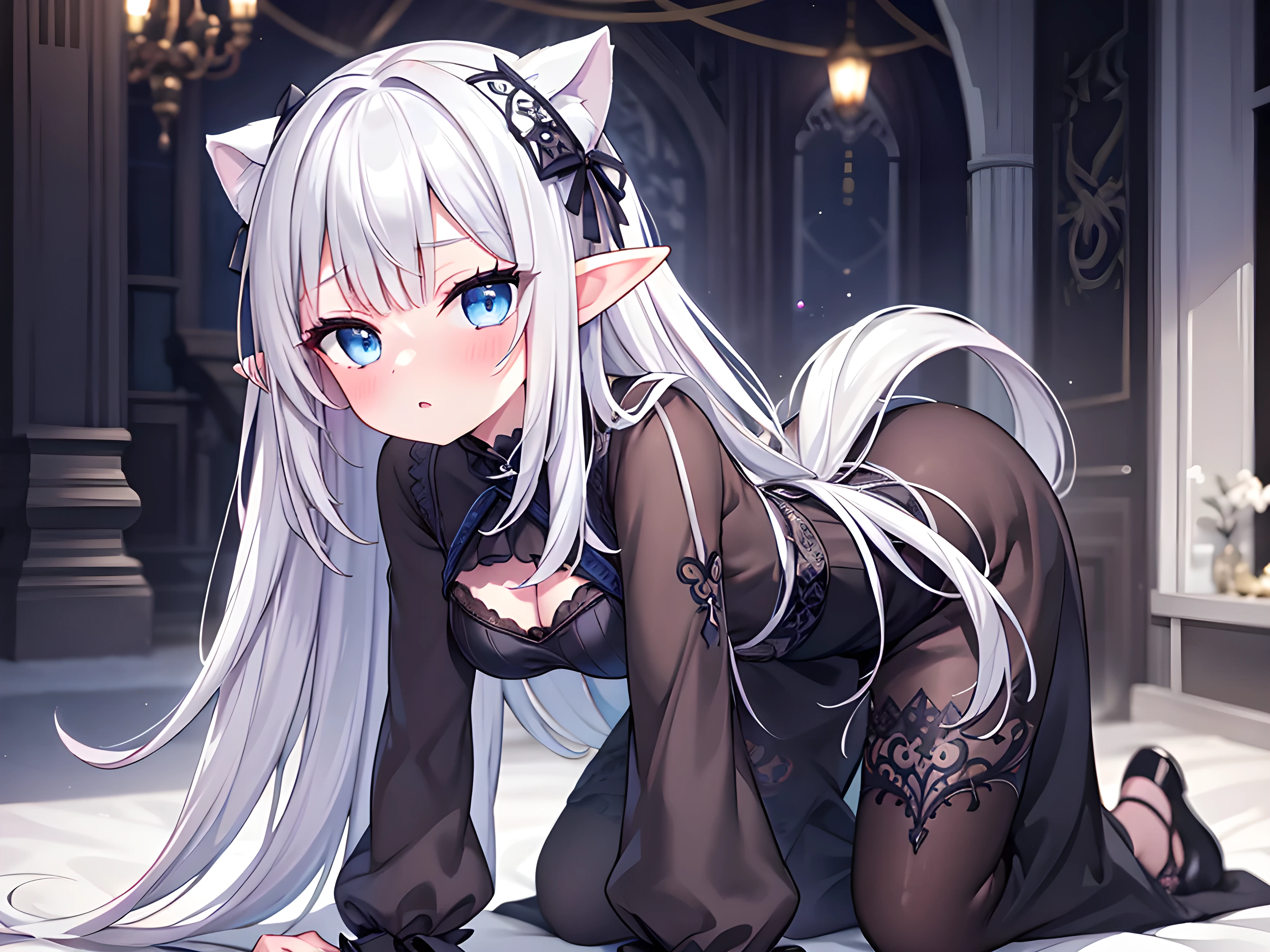 score_9,score_8_up,1girl,elf ears,solo,(silver hair),(side hair),blue eyes,glamor,huge,(gothic clothes),(intricate embroidery:1.2),blurry background,blurry,parted lips,depth of field,full body,all fours,hand on own chin,full face blush,