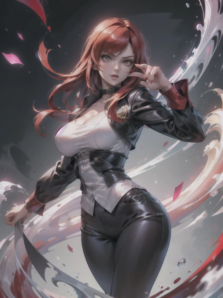 30-year-old woman, alone, alone, athletic, sensual, big breasts, red nails, long pixies, semi-short red hair, wears brown pants, white shirt, open black jacket, video game character, The King of Fighters, Iori Yagami, blue fire, cinematic, ultra-sharp focus, award-winning photography, perfect contrast, High sharpness, depth of field, ultra-detailed photography, global illumination, fluid, ultra-high definition, 8k, Unreal Engine 5, ultra-sharp focus, award-winning photography, trends art stations