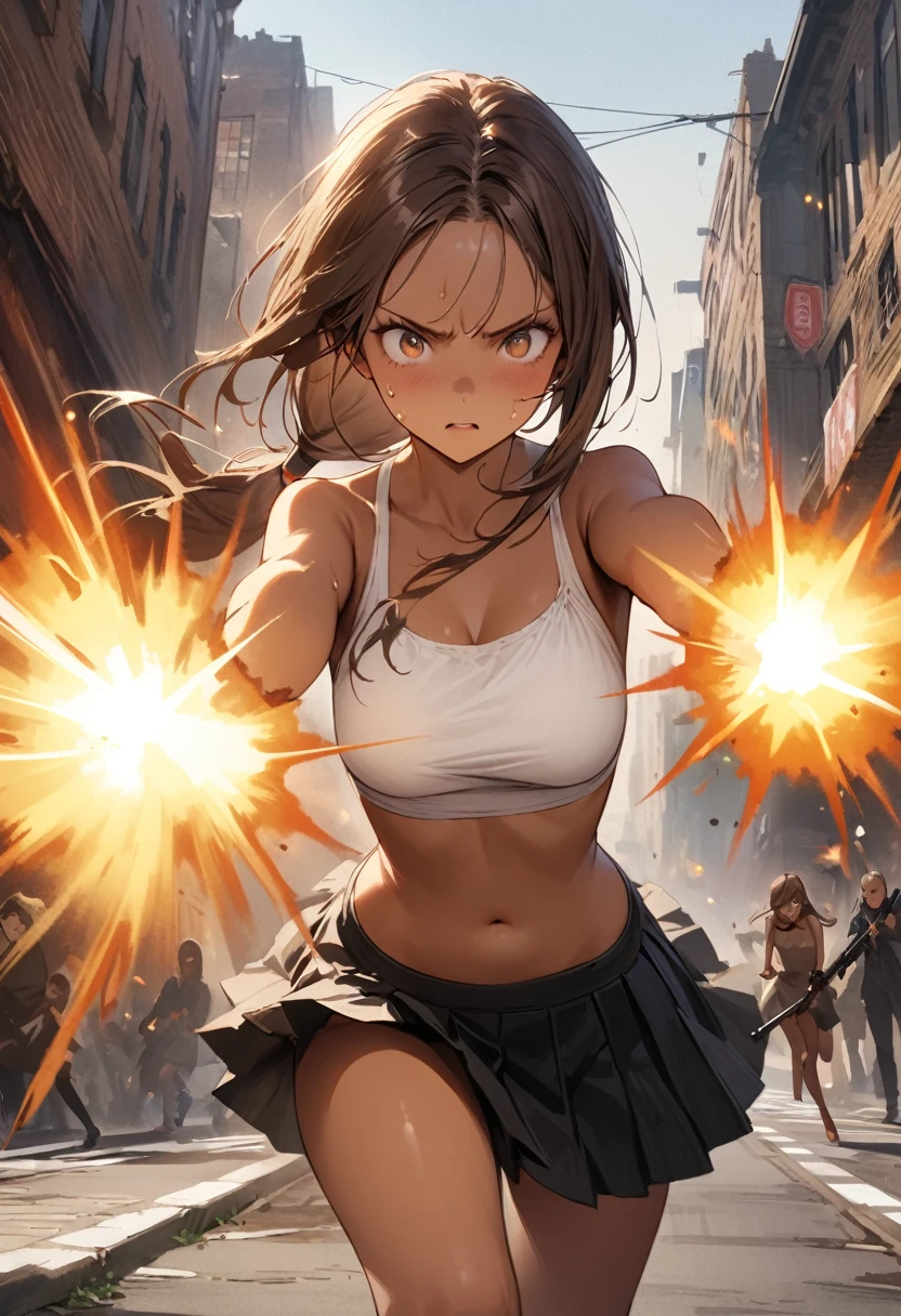 Dynamic gun action scenes、Woman fighting a monster、((masterpiece,Highest quality:1.3,best quality illustration)),(realistic),cowboy shot,独奏,1woman,25 year old beauty,brown hair,(low ponytail hair),long hair,bangs,brown eyes,(gorgeous big eyes),((very small head:1.3)),Serious expression,((very long body:1.2,skinny)),((tan skin:1.4)),medium breasts,White tube top shirt、navel,Black pleated mini skirt,((Firing stance、Shoot a gun:1.3)),gleaming skin,slender body,sweat,Run、(Multiple roaming monsters)、on street,New York City、Resident Evil World、