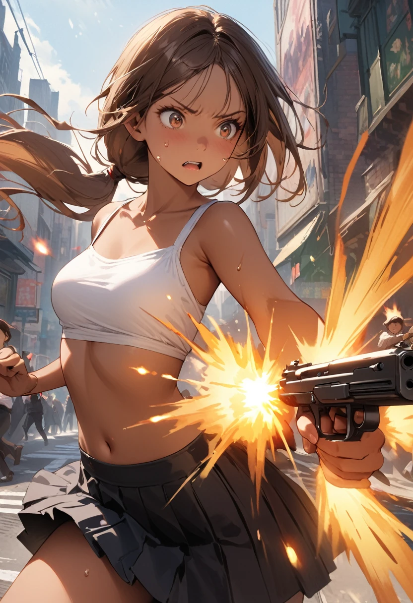 Dynamic gun action scenes、Woman fighting a monster、((masterpiece,Highest quality:1.3,best quality illustration)),(realistic),cowboy shot,独奏,1woman,25 year old beauty,brown hair,(low ponytail hair),long hair,bangs,brown eyes,(gorgeous big eyes),((very small head:1.3)),Serious expression,((very long body:1.2,skinny)),((tan skin:1.4)),medium breasts,White tube top shirt、navel,Black pleated mini skirt,((Firing stance、Shoot a gun:1.3)),gleaming skin,slender body,sweat,Run、(Multiple roaming monsters)、on street,New York City、Resident Evil World、