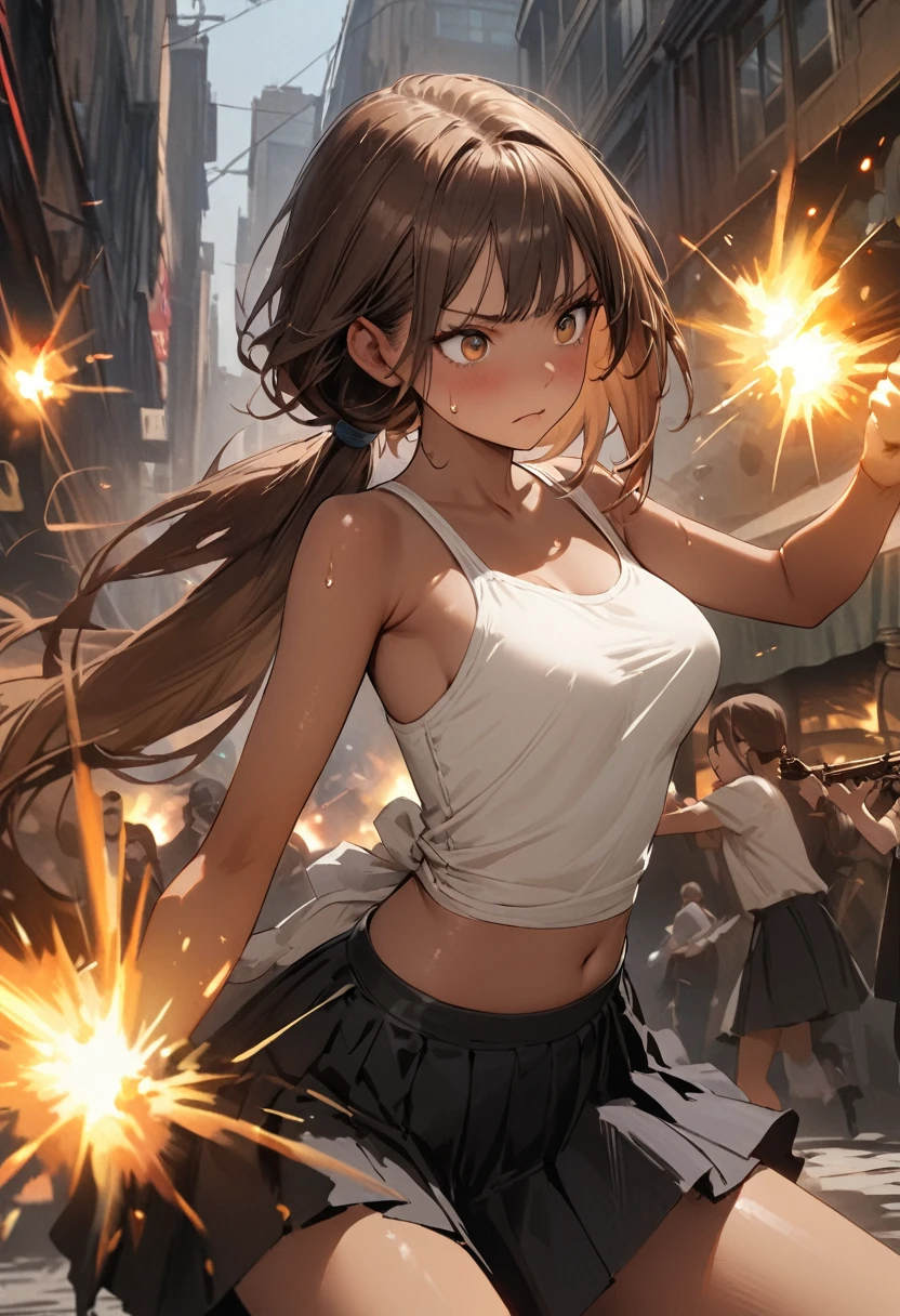 Dynamic gun action scenes、Woman fighting a monster、((masterpiece,Highest quality:1.3,best quality illustration)),(realistic),cowboy shot,独奏,1woman,25 year old beauty,brown hair,(low ponytail hair),long hair,bangs,brown eyes,(gorgeous big eyes),((very small head:1.3)),Serious expression,((very long body:1.2,skinny)),((tan skin:1.4)),medium breasts,White tube top shirt、navel,Black pleated mini skirt,((Firing stance、Shoot a gun:1.3)),gleaming skin,slender body,sweat,Run、(Multiple roaming monsters)、on street,New York City、Resident Evil World、