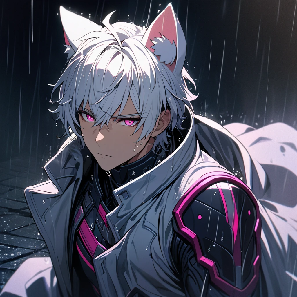 1 men, short white hair, Super detailed pink eye, Kitten ears, wearing a white overcoat, wearing gloves, slightly muscular body, at night, raining, front view, 4K, bright coloured, High quality of details, close up no rosto, raining, detailed shadows, in a dark place, forst,