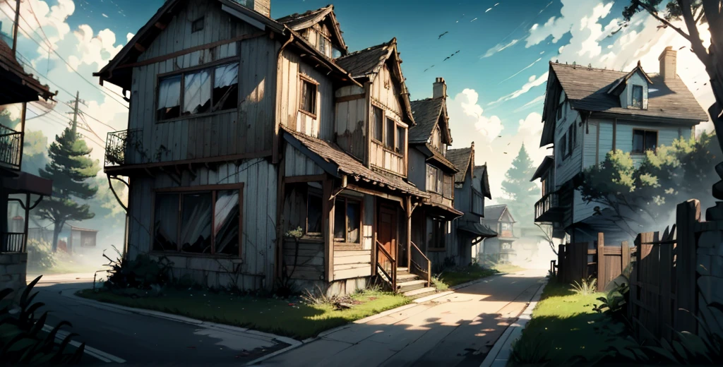 A once majestic wooden house now lies in ruins. Worn and peeling boards reveal the passage of time and neglect. The windows, once alive with light, are now broken and covered in dust. Cobwebs hang from the corners, like tangled silver threads. The wind whispers through the cracks, creating a melancholy sound. Outside, gnarled trees seem to lean toward the house, as if wanting to share their dark secrets. The ground is covered in dry leaves, creating a lonely trail to the front door, which is ajar, inviting curiosity and fear.