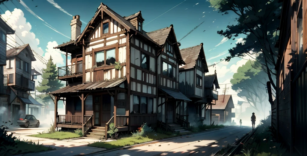 A once majestic wooden house now lies in ruins. Worn and peeling boards reveal the passage of time and neglect. The windows, once alive with light, are now broken and covered in dust. Cobwebs hang from the corners, like tangled silver threads. The wind whispers through the cracks, creating a melancholy sound. Outside, gnarled trees seem to lean toward the house, as if wanting to share their dark secrets. The ground is covered in dry leaves, creating a lonely trail to the front door, which is ajar, inviting curiosity and fear.