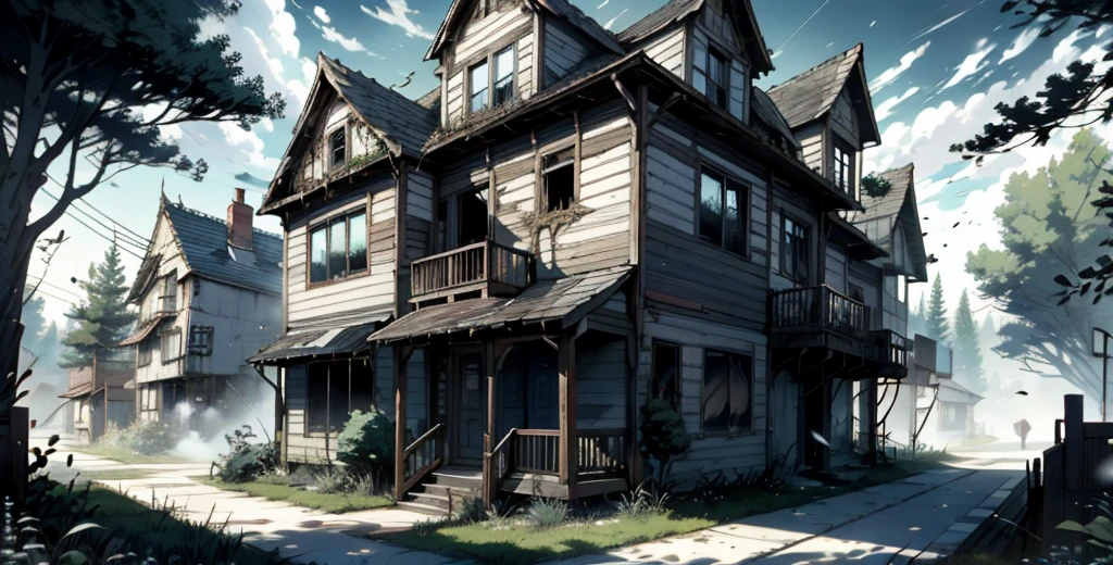 A once majestic wooden house now lies in ruins. Worn and peeling boards reveal the passage of time and neglect. The windows, once alive with light, are now broken and covered in dust. Cobwebs hang from the corners, like tangled silver threads. The wind whispers through the cracks, creating a melancholy sound. Outside, gnarled trees seem to lean toward the house, as if wanting to share their dark secrets. The ground is covered in dry leaves, creating a lonely trail to the front door, which is ajar, inviting curiosity and fear.