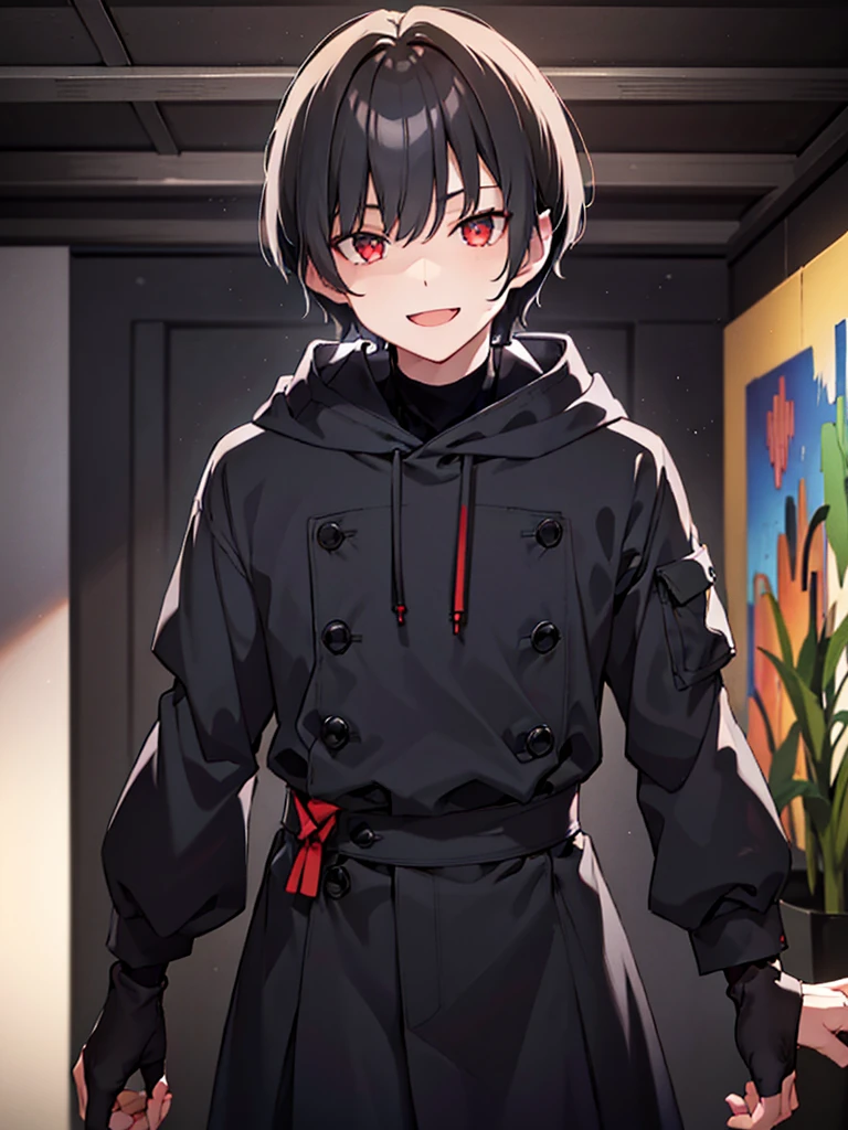 A young man with short black hair below his ears, Red eyes, black clothes and looking straight ahead with a wide smile, happy to see the love of his life (Neutral colors: 1.2), (HDR: 1.4), (Soft colors:1.2), hyperdetailed, (art station:1.4), cinematographic, warm lights, dramatic light, (intricate details:1.1), complex background, (rutkowski:0.66), (blue and orange:0.4)