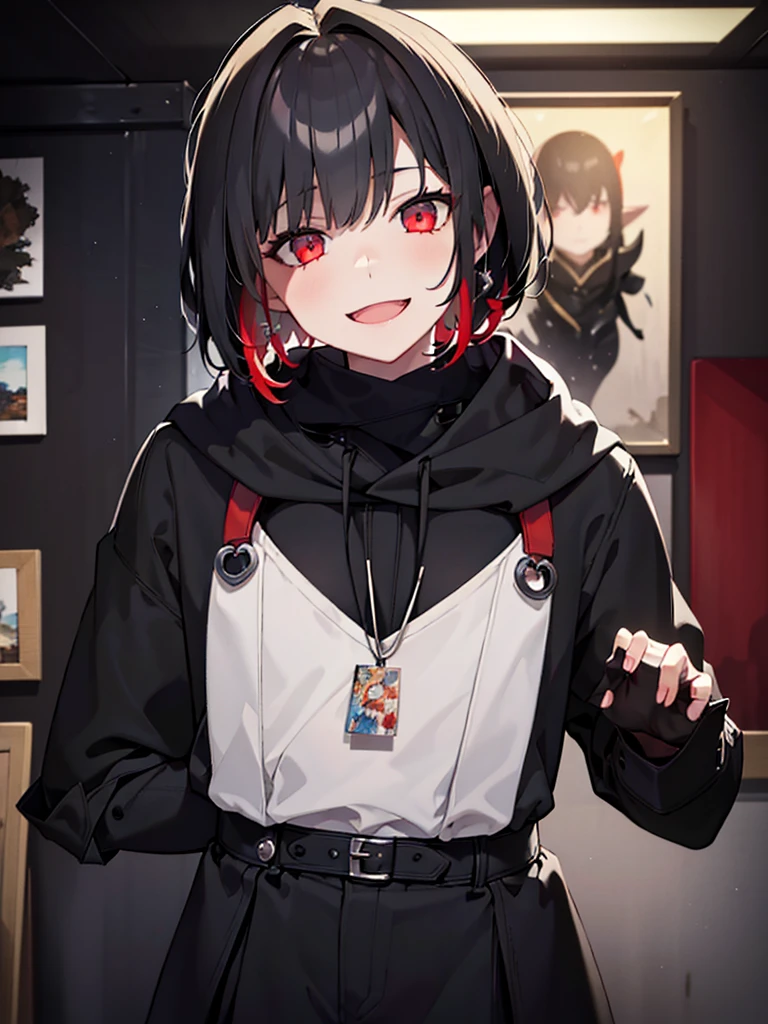 A young man with short black hair below his ears, Red eyes, black clothes and looking straight ahead with a wide smile, happy to see the love of his life (Neutral colors: 1.2), (HDR: 1.4), (Soft colors:1.2), hyperdetailed, (art station:1.4), cinematographic, warm lights, dramatic light, (intricate details:1.1), complex background, (rutkowski:0.66), (blue and orange:0.4)