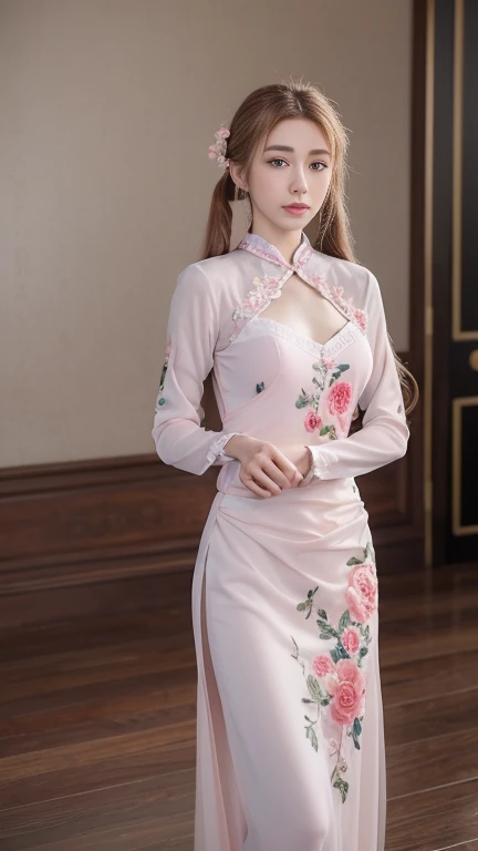 (Best quality,4K,8K,A high resolution,Masterpiece:1.2),Ultra-detailed,(Realistic,Photorealistic,photo-realistic:1.37),Delicate depiction of floral motifs on traditional Chinese gauze dresses, Dynamically capture Tai Chi elements, Flowing fabric, vivid vivid colors, Pastel tones, Soft and dreamy lighting, Focus on exquisite craftsmanship, Dynamic movements, Detailed rendering of intricate floral embroidery, Elegant and elegant gesture, Porcelain-like skin, small breasts, long pink twintails, soft blue eyes, Subtle and flawless makeup, Surreal wallpapers