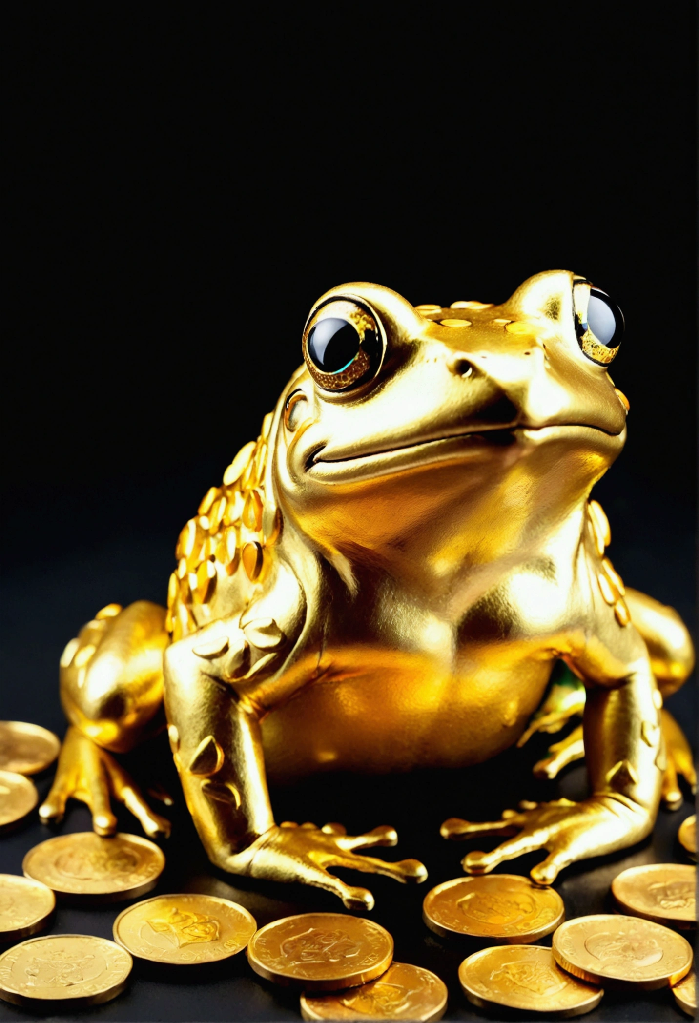 A golden frog covered in a pile of gold coins, With inscription "loki" To them (Highest quality, Realistic, Vibrant colors), Shining brightly under the studio lights. The golden frog is beautifully detailed, With sparkling eyes and a mischievous smile. Gold coins reflect light, Create a sparkling effect. The background is a dark and dramatic setting, to enhance the overall ambiance. The color palette is、It is made up of rich golden tones and deep shadows., Adds extravagance to the scene. Lighting、Highlights the details and textures of both the golden frog and the coin, Creating a sense of depth and realism.