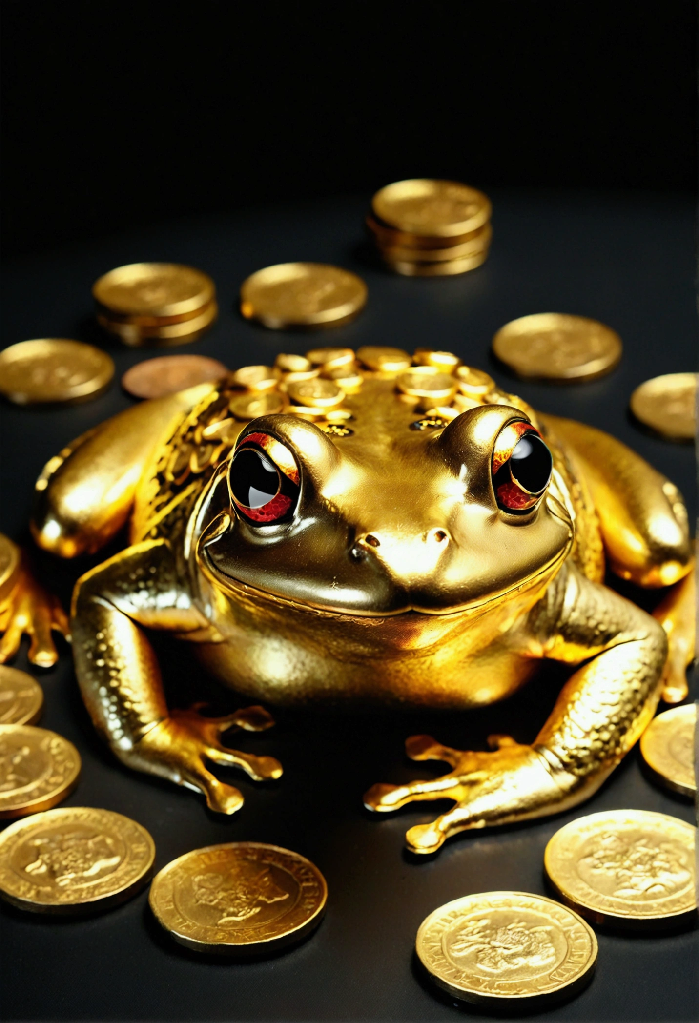A golden frog covered in a pile of gold coins, With inscription "loki" To them (Highest quality, Realistic, Vibrant colors), Shining brightly under the studio lights. The golden frog is beautifully detailed, With sparkling eyes and a mischievous smile. Gold coins reflect light, Create a sparkling effect. The background is a dark and dramatic setting, to enhance the overall ambiance. The color palette is、It is made up of rich golden tones and deep shadows., Adds extravagance to the scene. Lighting、Highlights the details and textures of both the golden frog and the coin, Creating a sense of depth and realism.