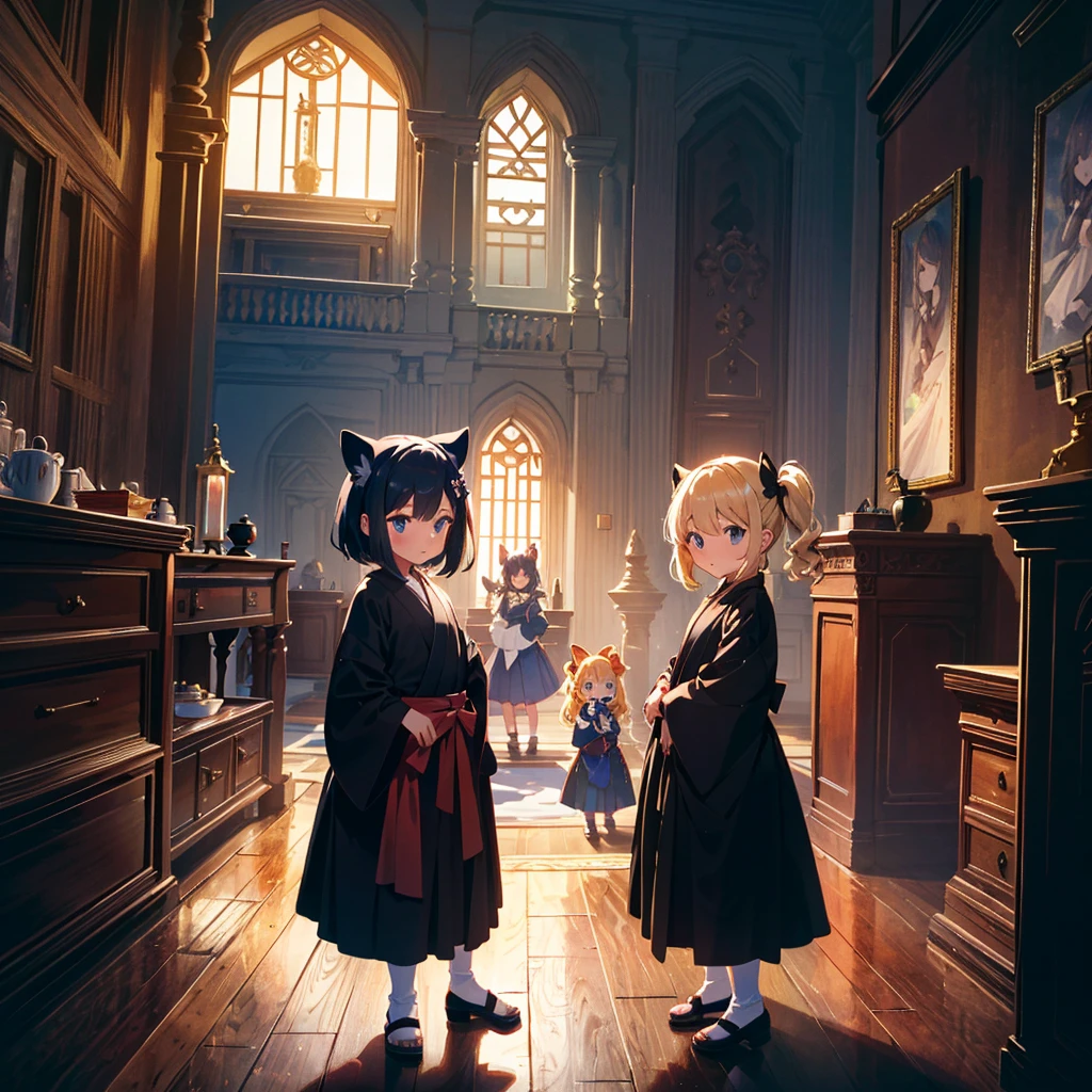 High-definition background, bright and beautiful atmosphere, 3 girls (, (1 short-tempered round face), (1 child)) (hair, surface effects), color effects), small breasts, blonde hair, inside the castle ,Luxurious room Girls dressed as ninjas, girls dressed as princesses, mini pigs dressed as ninjas, mini pigs dressed as samurai, "deltamon_sdXL :0.73) >Deltamon makes an immediate decision.