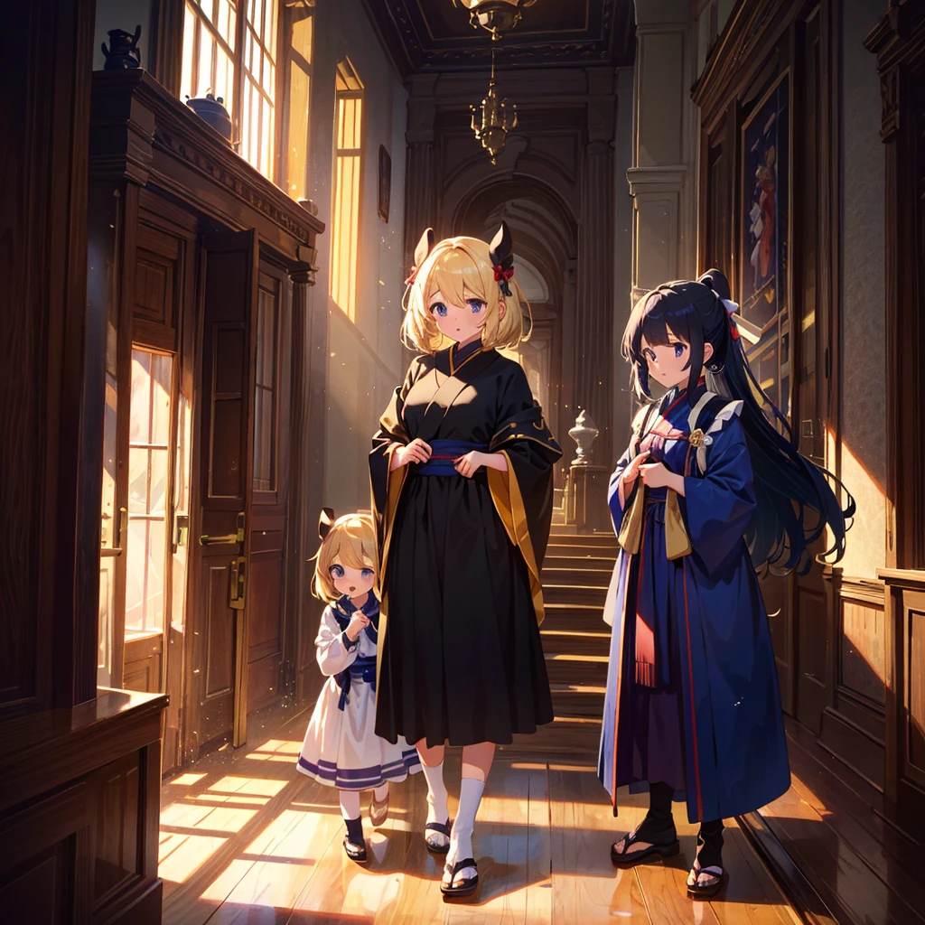 High-definition background, bright and beautiful atmosphere, 3 girls (, (1 short-tempered round face), (1 child)) (hair, surface effects), color effects), small breasts, blonde hair, inside the castle ,Luxurious room Girls dressed as ninjas, girls dressed as princesses, mini pigs dressed as ninjas, mini pigs dressed as samurai, "deltamon_sdXL :0.73) >Deltamon makes an immediate decision.